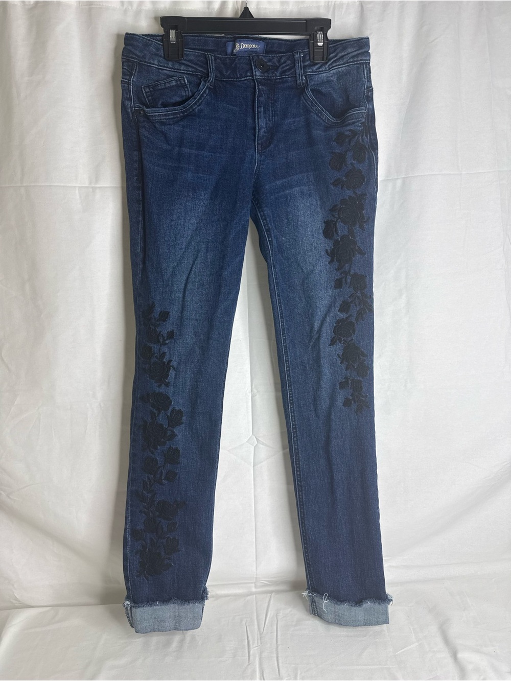 Democracy Indigo Skinny Jeans with Black Floral Embroidery